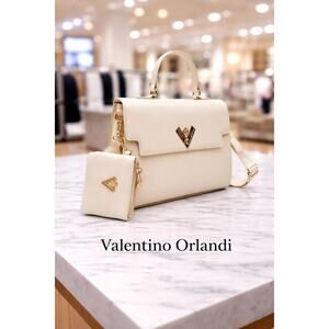 Valentino Orlandi Satchel Top Handle Logo Bag with Matching Wallet Beige